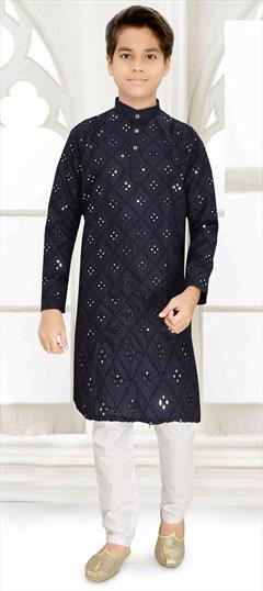 Party Wear Blue color Boys Kurta Pyjama in Blended Cotton fabric with Embroidered, Mirror work : 1902786