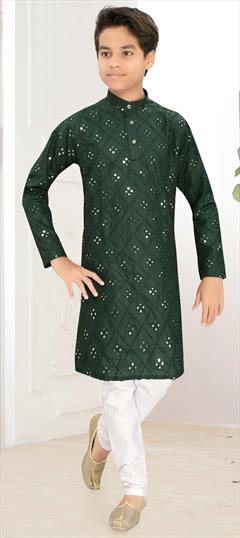Party Wear Green color Boys Kurta Pyjama in Blended Cotton fabric with Embroidered, Mirror work : 1902787