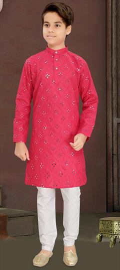 Party Wear Pink and Majenta color Boys Kurta Pyjama in Blended Cotton fabric with Embroidered, Mirror work : 1902788