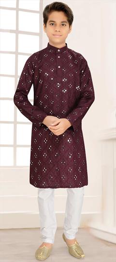 Party Wear Purple and Violet color Boys Kurta Pyjama in Blended Cotton fabric with Embroidered, Mirror work : 1902789