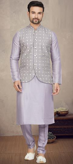 Party Wear Purple and Violet color Kurta Pyjama with Jacket in Tussar Silk fabric with Embroidered, Resham, Sequence, Thread work : 1902796