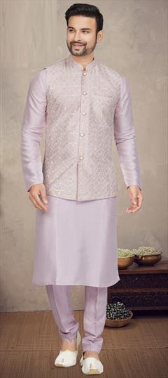 Party Wear Purple and Violet color Kurta Pyjama with Jacket in Tussar Silk fabric with Embroidered, Resham, Sequence, Thread work : 1902797