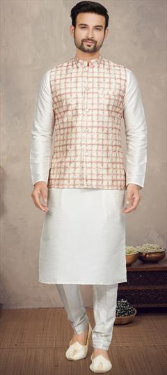 Party Wear Beige and Brown color Kurta Pyjama with Jacket in Art Silk fabric with Digital Print, Embroidered, Sequence, Thread work : 1902801