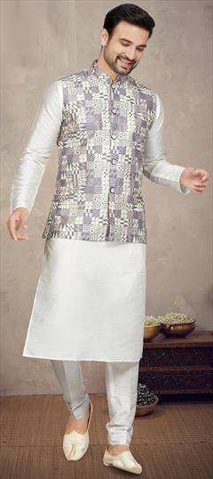 Party Wear Beige and Brown color Kurta Pyjama with Jacket in Art Silk fabric with Digital Print, Embroidered, Sequence, Thread work : 1902804