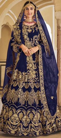 Bridal, Wedding Blue color Long Lehenga Choli in Velvet fabric with Embroidered, Thread, Zari, Zircon work : 1902807
