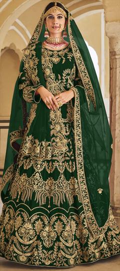Bridal, Wedding Green color Long Lehenga Choli in Velvet fabric with Embroidered, Thread, Zari, Zircon work : 1902808