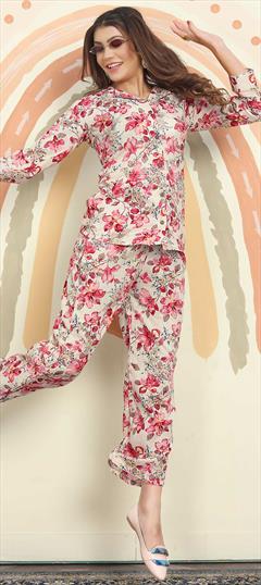 Casual, Summer Pink and Majenta, White and Off White color Co-ords Set in Rayon fabric with Digital Print, Floral work : 1902810