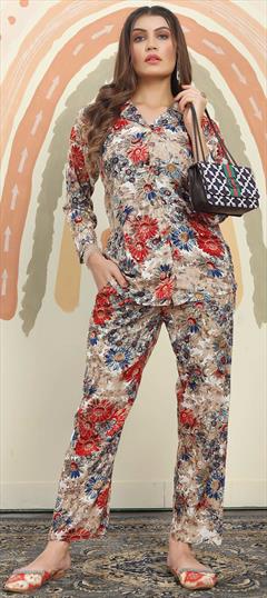 Casual, Summer Blue, Red and Maroon color Co-ords Set in Rayon fabric with Digital Print, Floral work : 1902811