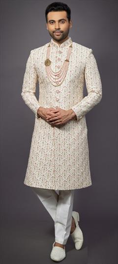 Wedding White and Off White color Sherwani in Silk fabric with Bugle Beads, Cut Dana, Embroidered, Resham, Thread work : 1902815