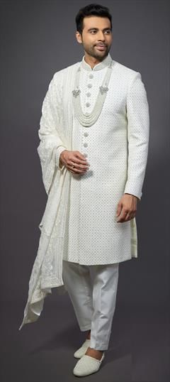 Wedding White and Off White color Sherwani in Silk fabric with Embroidered, Resham, Sequence, Thread work : 1902821