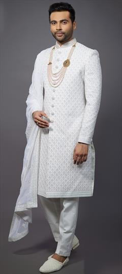 Wedding White and Off White color Sherwani in Silk fabric with Bugle Beads, Cut Dana, Embroidered, Resham, Thread work : 1902822