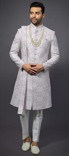 Wedding White and Off White color Sherwani in Silk fabric with Embroidered, Resham, Thread work : 1902823
