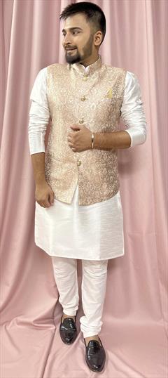 Party Wear White and Off White color Kurta Pyjama with Jacket in Silk fabric with Weaving work : 1902908