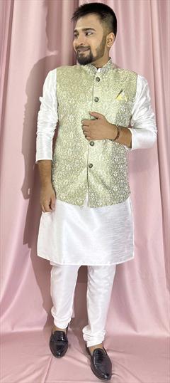 Party Wear White and Off White color Kurta Pyjama with Jacket in Silk fabric with Weaving work : 1902909