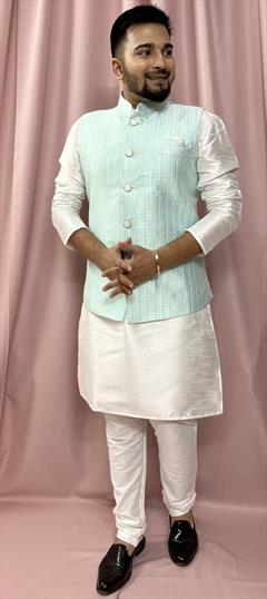 Party Wear White and Off White color Kurta Pyjama with Jacket in Silk fabric with Weaving work : 1902911