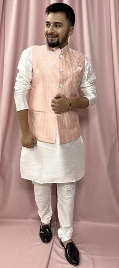 Party Wear White and Off White color Kurta Pyjama with Jacket in Silk fabric with Weaving work : 1902912