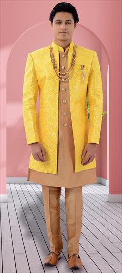 Party Wear Beige and Brown, Yellow color IndoWestern Dress in Silk fabric with Broches, Sequence, Thread work : 1902916