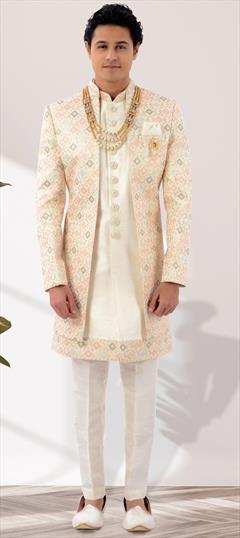 Party Wear White and Off White color IndoWestern Dress in Silk fabric with Broches, Sequence, Thread work : 1902922