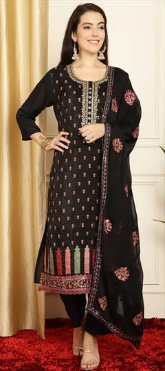 Mehendi Sangeet, Party Wear, Reception Black and Grey color Salwar Kameez in Silk fabric with Straight Embroidered, Resham, Sequence, Thread, Zari work : 1903091