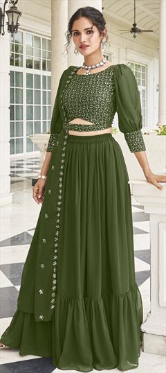 Festive, Party Wear, Reception Green color Ready to Wear Lehenga in Georgette fabric with Straight Sequence, Thread, Zari work : 1903186