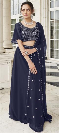 Festive, Party Wear, Reception Blue color Ready to Wear Lehenga in Georgette fabric with Straight Sequence, Thread, Zari work : 1903190
