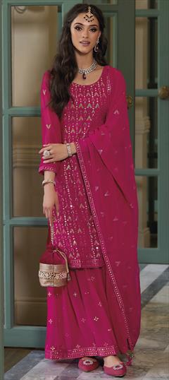 Festive, Party Wear, Reception Pink and Majenta color Salwar Kameez in Georgette fabric with Palazzo, Straight Embroidered, Sequence, Thread work : 1903191
