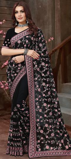 Festive, Reception, Wedding Black and Grey color Saree in Georgette fabric with Classic Embroidered, Resham, Thread work : 1903497