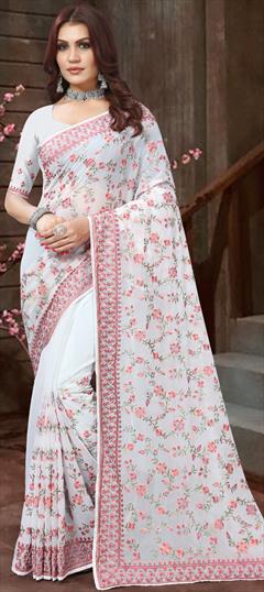 Festive, Reception, Wedding White and Off White color Saree in Georgette fabric with Classic Embroidered, Resham, Thread work : 1903499