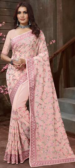 Festive, Reception, Wedding Pink and Majenta color Saree in Georgette fabric with Classic Embroidered, Resham, Thread work : 1903502