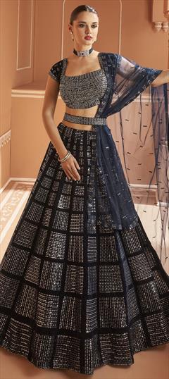 Engagement, Reception, Wedding Black and Grey color Long Lehenga Choli in Georgette, Velvet fabric with Embroidered, Sequence, Thread work : 1903571
