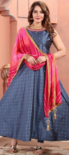 Festive, Party Wear, Reception Black and Grey color Salwar Kameez in Taffeta Silk fabric with Anarkali Cut Dana, Stone, Thread, Weaving work : 1903606