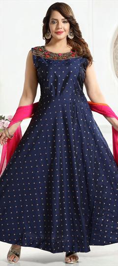 Festive, Party Wear, Reception Blue color Salwar Kameez in Taffeta Silk fabric with Anarkali Cut Dana, Weaving work : 1903609