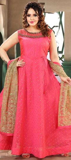 Festive, Party Wear, Reception Pink and Majenta color Salwar Kameez in Chanderi Silk fabric with Anarkali Cut Dana, Stone, Weaving work : 1903620