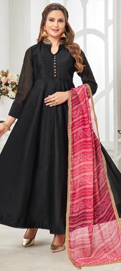 Festive, Party Wear, Reception Black and Grey color Salwar Kameez in Chanderi Silk fabric with Anarkali Mirror work : 1903624
