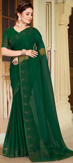 Festive, Party Wear, Reception Green color Saree in Shimmer fabric with Classic Stone work : 1903634