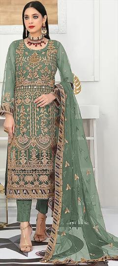 Festive, Party Wear Green color Salwar Kameez in Net fabric with Pakistani, Straight Embroidered, Sequence, Thread work : 1903721