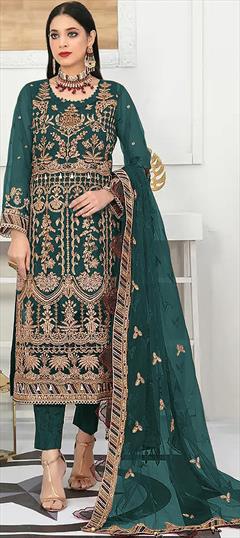 Festive, Party Wear Green color Salwar Kameez in Net fabric with Pakistani, Straight Embroidered, Sequence, Thread work : 1903725