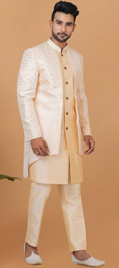Party Wear Gold, White and Off White color IndoWestern Dress in Banarasi Silk, Jacquard fabric with Weaving work : 1903772