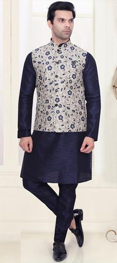 Party Wear Blue color Kurta Pyjama with Jacket in Art Silk fabric with Weaving work : 1903877