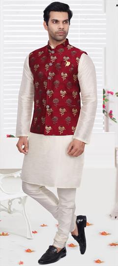 Party Wear Beige and Brown color Kurta Pyjama with Jacket in Art Silk fabric with Weaving work : 1903879