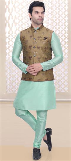 Party Wear Green color Kurta Pyjama with Jacket in Art Silk fabric with Weaving work : 1903880