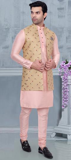 Party Wear Pink and Majenta color Kurta Pyjama with Jacket in Art Silk fabric with Weaving work : 1903901