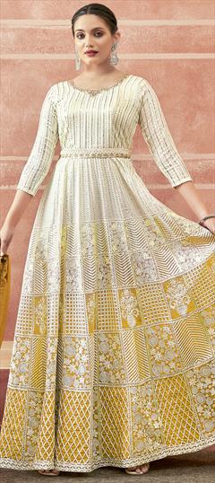 Engagement, Festive, Reception White and Off White, Yellow color Gown in Georgette fabric with Embroidered, Sequence, Thread work : 1903941