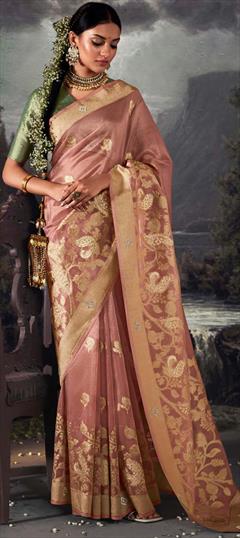 Bridal, Traditional, Wedding Pink and Majenta color Saree in Organza Silk, Silk fabric with South Stone, Swarovski, Weaving, Zari work : 1904053