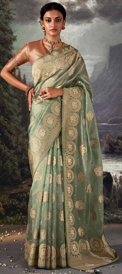 Bridal, Traditional, Wedding Green color Saree in Organza Silk, Silk fabric with South Stone, Swarovski, Weaving, Zari work : 1904062