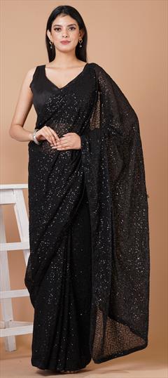 Festive, Party Wear, Reception Black and Grey color Saree in Georgette fabric with Classic Sequence work : 1904078