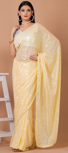 Festive, Party Wear, Reception Yellow color Saree in Georgette fabric with Classic Sequence work : 1904085