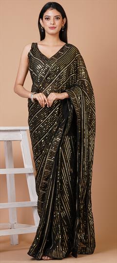 Festive, Party Wear, Reception Black and Grey, Gold color Saree in Georgette fabric with Classic Sequence work : 1904087