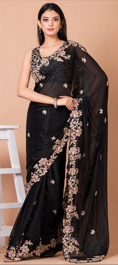 Festive, Party Wear, Reception Black and Grey color Saree in Georgette fabric with Classic Embroidered, Sequence, Thread work : 1904101