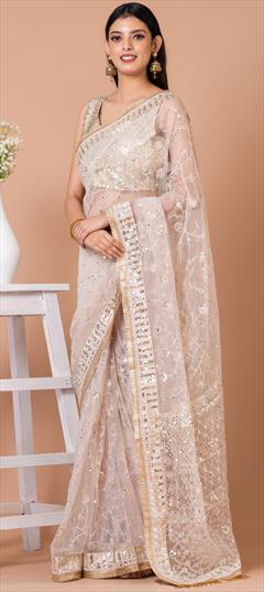 Festive, Party Wear, Reception White and Off White color Saree in Net fabric with Classic Embroidered, Sequence, Thread work : 1904102